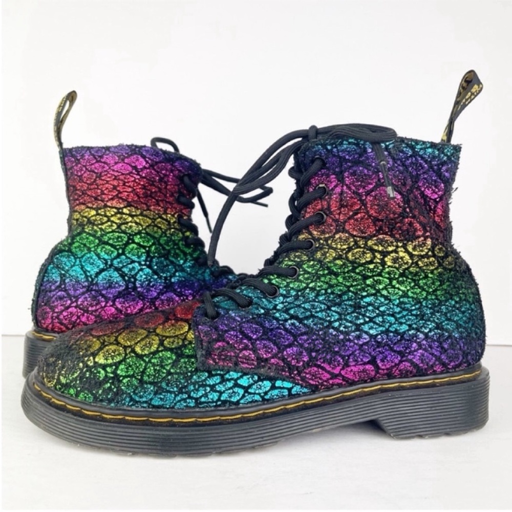 Dr Doc Martens Pascal 1460 Rainbow Metallic Croco Print Suede Combat Moto Boots